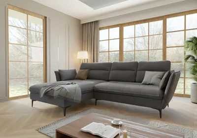 Produktbild von Ecksofa Egon mit Schlaffunktion und Bettkasten aus Grau Samt-Stoff mit hohen schwarzen Metallfüßen, B/T/H: 260 cm/ 168 cm / 91 cm, Ottomane links