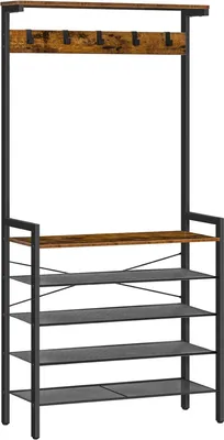 Produktbild von Garderobenständer Schuhregal Kleiderständer mit Haken vintagebraun-schwarz