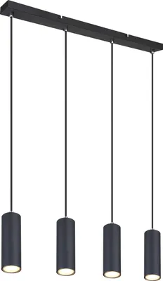 A black linear pendant light with four cylindrical lampshades hanging from a black bar.