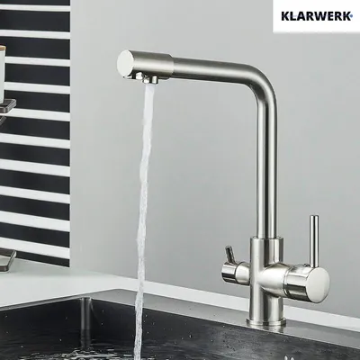 Produktbild von KLARWERK® Felix | 4-Wege Niederdruck Filter Armatur Edelstahl Silber | 4 Anschlüsse 3-Wege Wasserhahn Boiler Küche | Osmose Mischbatterie NSF