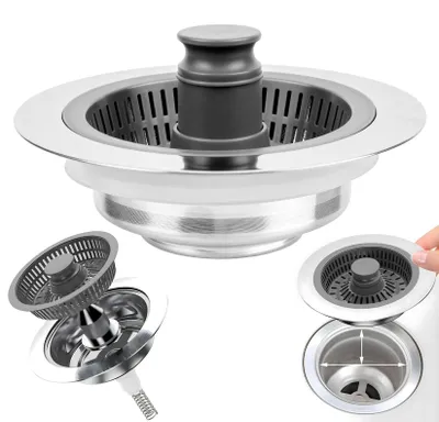 Produktbild von 3 in 1 Abflusssieb und Abflussstopfen - Edelstahl Abflussfilter für Spülbecken - Für Bohrungen von 71-85 mm und Tiefe über 40 mm