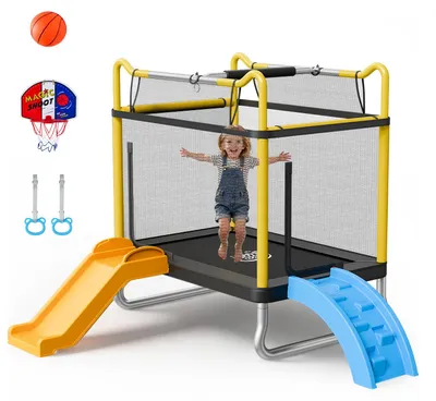 Produktbild von VEVOR Trampolin Mini für Kinder mit 2 Rutschen Sicherheitsnetz 60 kg Tragkraft, Gartentrampolin Outdoor mit Basketballkorb, Basketball und Turnringen für Kinder, Weihnachts- oder Geburtstagsgeschenk