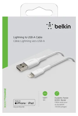 Produktbild von Belkin CAA001BT3MWH, 3 m, Lightning, USB A, Männlich, Männlich, Weiß