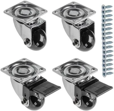 Produktbild von Stahl- und Gummi-Rollen für Möbel, set von 4 Rollen, 2 mit Bremsen, 2 ohne, 16 mm Schrauben, 35 mm Durchmesser, schwarz