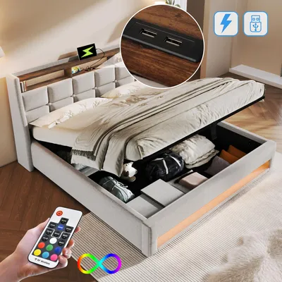 Produktbild von Hochwertiges Polsterbett 180x200cm mit USB & LED Beleuchtung, Doppelbett mit Lattenrost, Bettgestell aus Leinenmaterial als Jugendbett (Ohne Matratze)