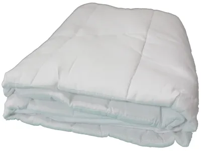 A folded white quilted blanket or comforter.