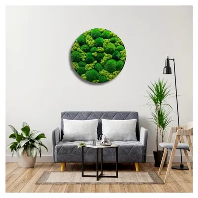 Produktbild von Rundes Moosbild mit Rahmen – Wanddekoration aus stabilisiertem Moos | Metallrahmen in Schwarz oder Weiß | 40/50/60 cm | Pflegefreies Naturbild | Dekoration für Büro und Zuhause (Weiß, 60 cm, Metall)