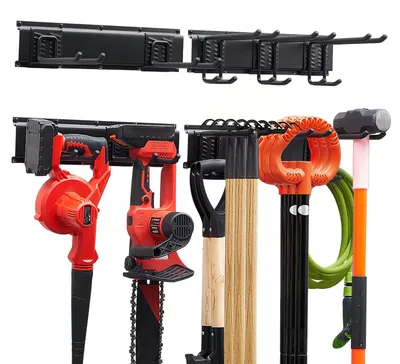 Produktbild von VEVOR Gerätehalter Wandhalterung Werkzeughalter 838,2 mm 181 kg Tragkraft, Zur Wandmontage, Kohlenstoffstahl, 2 Schienen & 5 Haken, Mit Schrauben & Dübeln, Werkzeugorganizer für Garage Keller Garten