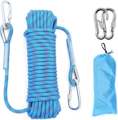 Produktbild von Professionelles Kletterseil – 10 mm x 10 m – Abseilseil – Statisches Kletterseil mit zwei Karabinhaken – Multifunktionales Seil – Sicherheitsseil – Kletterseil für Notfälle – geeignet für Camping und Wandern – blau