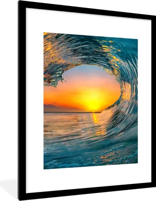 Produktbild von MuchoWow® Gerahmtes Poster Sonnenuntergang - Wasser - Welle - Orange 60x80 cm - Poster mit Schwarzem Bilderrahmen Wandposter Rahmen Foto Bilder - Wohnzimmer - Dekorationen - Prämie