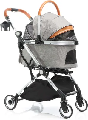 Image de Poussette 2-en-1 pour chiens, pliable, grise, pour animaux de compagnie, avec panier et plateau