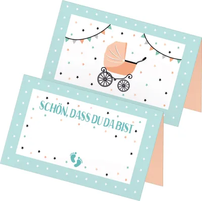 Produktbild von itenga 24x Tischkarten "Kinderwagen Vintage / Schön dass du da bist" mint orange