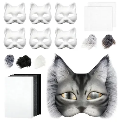 6 Katzenmasken zum Bemalen, Therian-Maske mit Kunstfell, DIY