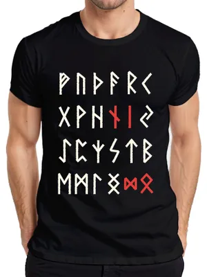 Immagine prodotto di T-shirt nero, taglia XXL, con alfabeto runico nordico, Futhark, immagini di Odino, riferimenti ai Germani e a Valhalla