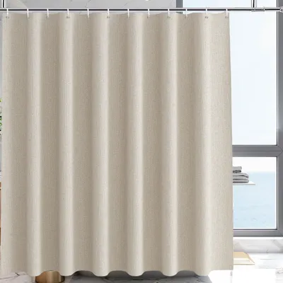 Image de Rideau de douche beige en imitation lin, matière résistante et imperméable, 200 cm de largeur x 240 cm de hauteur