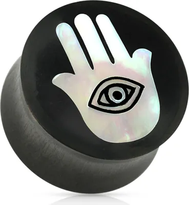 Produktbild von Holz Plug Ohr Piercing Fatimas Hand Perlmutt Hamsa Rosenholz Saddle Fit Organic schwarz 10 mm