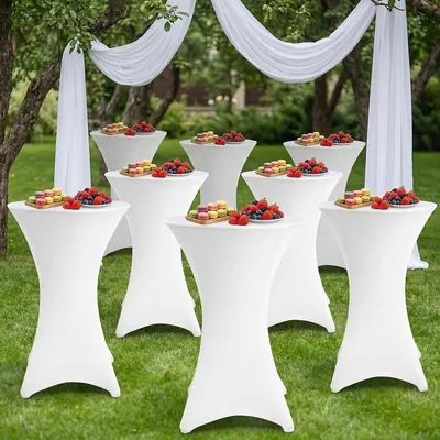 Produktbild von Peviasot 10er Set Stehtischhusse Stretch Weiß – Elastische Husse für Bistrotisch Ø 60–65 × 110 cm mit 4 Fußlaschen