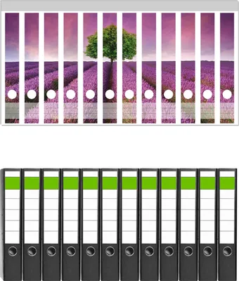 Produktbild von Wallario 12 Stück schmale Ordner inkl. Klebeetiketten mit Motive Lila Blumenfeld -  Set mit Rückenschildern / Ordnerrücken Stickern