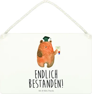 Produktbild von Mr. & Mrs. Panda Schild Bär Prüfung DIN A4 - Weiß - Geschenk, Bestanden, Prüfungen, Abschlusszeugnis, Teddy, wandtafel, Türschild, Abitur, Abschluss, Wandbild Holz, Deko