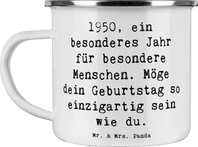 Produktbild von Mr. & Mrs. Panda Haferl Spruch 1950 Geburtstag - Weiß - Geschenk, Geboren am, Kaffeepott, Geburtstagsgeschenk, Happy Birthday, Pott, Teetasse, Emaille Tasse, Geburtsjahr