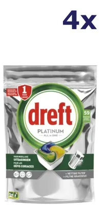 Produktbild von 4x Dreft Platinum All-in-1 – 59 Tabletten, 879 g, Zitronen-Geschirrspültabs