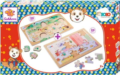 Produktbild von Eichhorn 109245681 - Bobo Siebenschläfer - 2 Puzzle, Steckpuzzle 20 TLG.+ Klassisches Puzzle 24 TLG., mit verschiedenen Schwierigkeitsgraden, 100%es Sperrholz, ab 2 Jahren