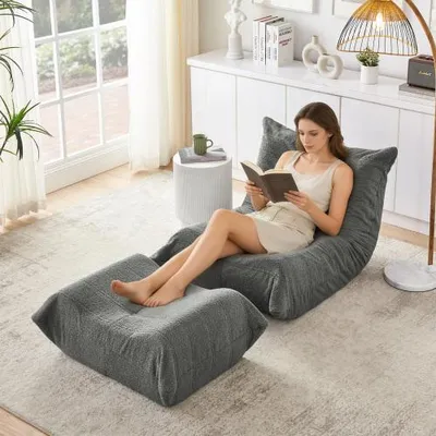Produktbild von Weicher Bodensessel mit Fußhocker und Rückenlehne aus Teddyfell