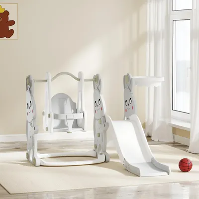 Produktbild von SUGIFT 4-in-1 Spielset für Kleinkinder, Rutsche mit Schaukel, Klettergerüst, Basketballkorb, Kunststoff, Grau | 160x147,5x107 cm | Hasendesign | 1,5-3 Jahre