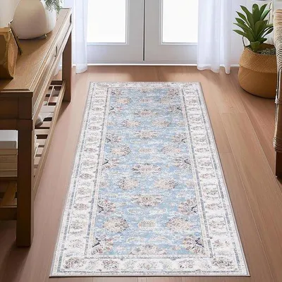 Produktbild von DigiRigi® Teppichläufer – waschbar, superdünn, Vintage-Blumenmuster, kurzflor, rutschfeste Rückseite, blau/beige, 60 x 210 cm, Wohnzimmer/Küche/Schlafzimmer