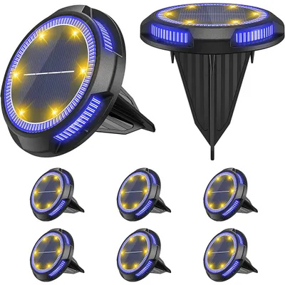 A collage of solar-powered garden lights, showing different angles and multiple units.