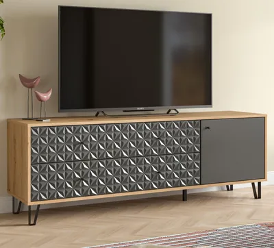 Produktbild von TV-Lowboard "Relief" in grau und Artisan Eiche TV Unterteil mit 3-D Struktur 164 x 56 cm