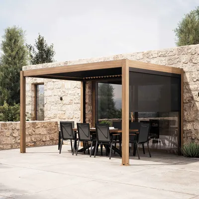 Image de Pergola bioclimatique autoportée 3x4m et 1 store bois gris - Oviala Athenes