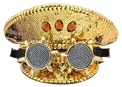 Produktbild von Militärhut mit Pailletten – Steampunk-Kapitänsmütze mit Schutzbrille