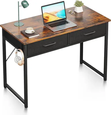 Image de Bureau ODK 100x40x78.7cm avec 2 tiroirs et support pour écouteurs Marron