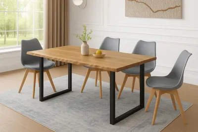 Produktbild von Essgruppe 5tlg. 120 x 80 cm Holz Wildeiche-Optik 4x Schalenstühle Grau U-Gestell Schwarz JOSY