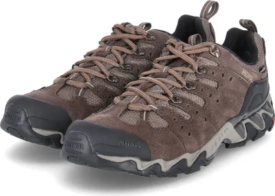 A pair of brown hiking shoes on a white background.