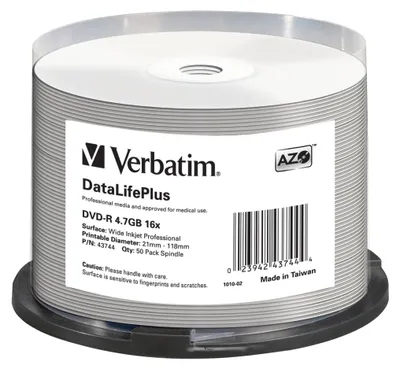 Zdjęcie produktu dla Verbatim DataLifePlus, DVD-R, 120 mm, Nadający się do druku, Biegun, 50 szt., 4,7 GB