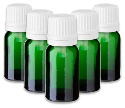 Produktbild von 5x Grüne Glasflasche 10 ml mit weißem Tropfer – Tropfeinsatz Leer Set