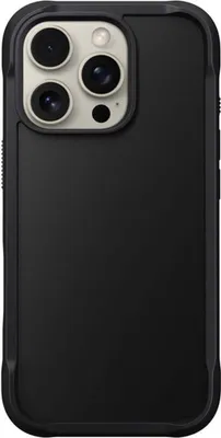 A black iPhone case is shown from the back, with a close-up of the camera module.