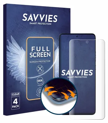 The image shows the packaging of a screen protector for a smartphone, with a screen protector and a phone displayed.