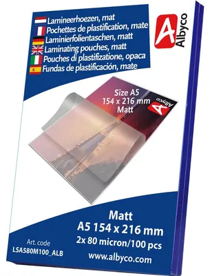 Productafbeelding van 100 stuks Albyco mat laminiertasjes - A5, 154x216 mm - Dikte: 2x80 (160) μm