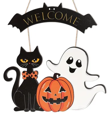 Image de Décoration d'Halloween pour porte - Décoration en bois avec une citrouille et un fantôme