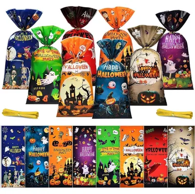 Productafbeelding van Halloween cellofaanzakjes met strikjes, 120 stuks, voor snoepjes en snacks, 27,5 x 13 cm
