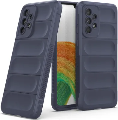 Two dark blue phone cases are shown, one in the foreground and one slightly behind it, with a phone screen visible between them.