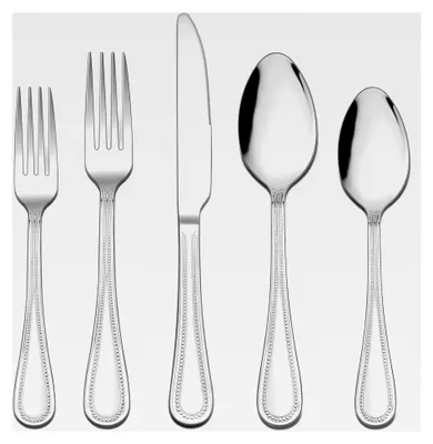 Produktbild von 40-teiliges Besteckset aus Edelstahl für 8 Personen, modernes Essgeschirr mit Perlenkanten, geeignet für Zuhause, Küche, Restaurant und Feiern, spiegelpoliert und spülmaschinenfest