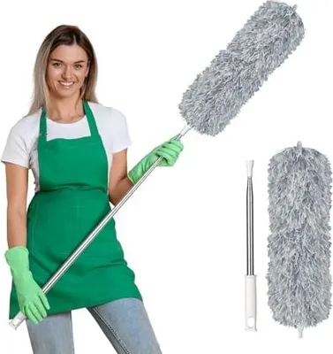 Produktbild von 2 Staubwedel Teleskop Waschbar, Staubwischer Mikrofaser Edelstahl Teleskop Stange und Verbiegbare Eckbesen, Staubwedel Lang Ausziehbar Extra Lang Bis 242 cm, für Decken Spinnweben (Hellgrau)