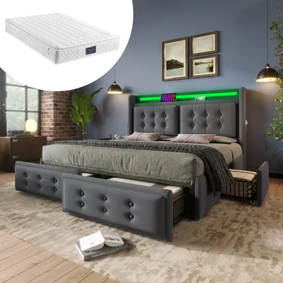 Produktbild von Abrihome Polsterbett 160x200cm mit Matratze und 4 Schubladen, Doppelbett mit Led-Kopfteil und USB, Stauraumbetten mit Lattenrost, Grau