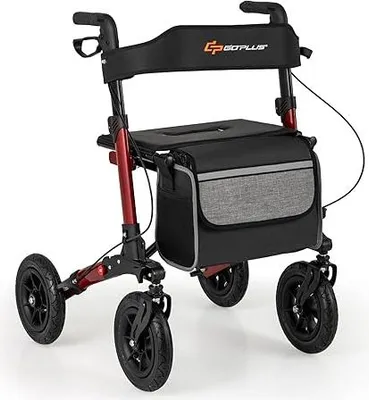 Produktbild von 4-Rad Aluminium Rollator, faltbarer Rollator mit gepolstertem Sitz und Rückenlehne, All-Terrain Reifen und Korb, leichter Rollator, höhenverstellbar