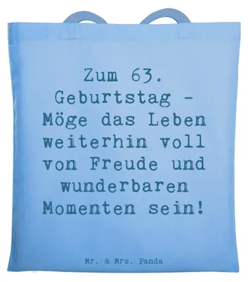 Produktbild von Mr. & Mrs. Panda Tote Bag Spruch 63. Geburtstag Freude - Sky Blue - Geschenk, Jutebeutel, Tasche, Geburtstagsspruch, besonderer, Schultasche, Unitasche, einzigartiges