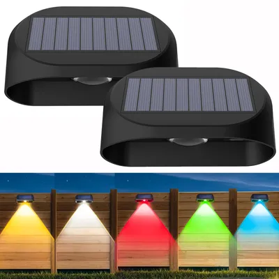 A collage showing two solar fence lights at the top and a demonstration of their colored lighting effects on a wooden fence at the bottom.